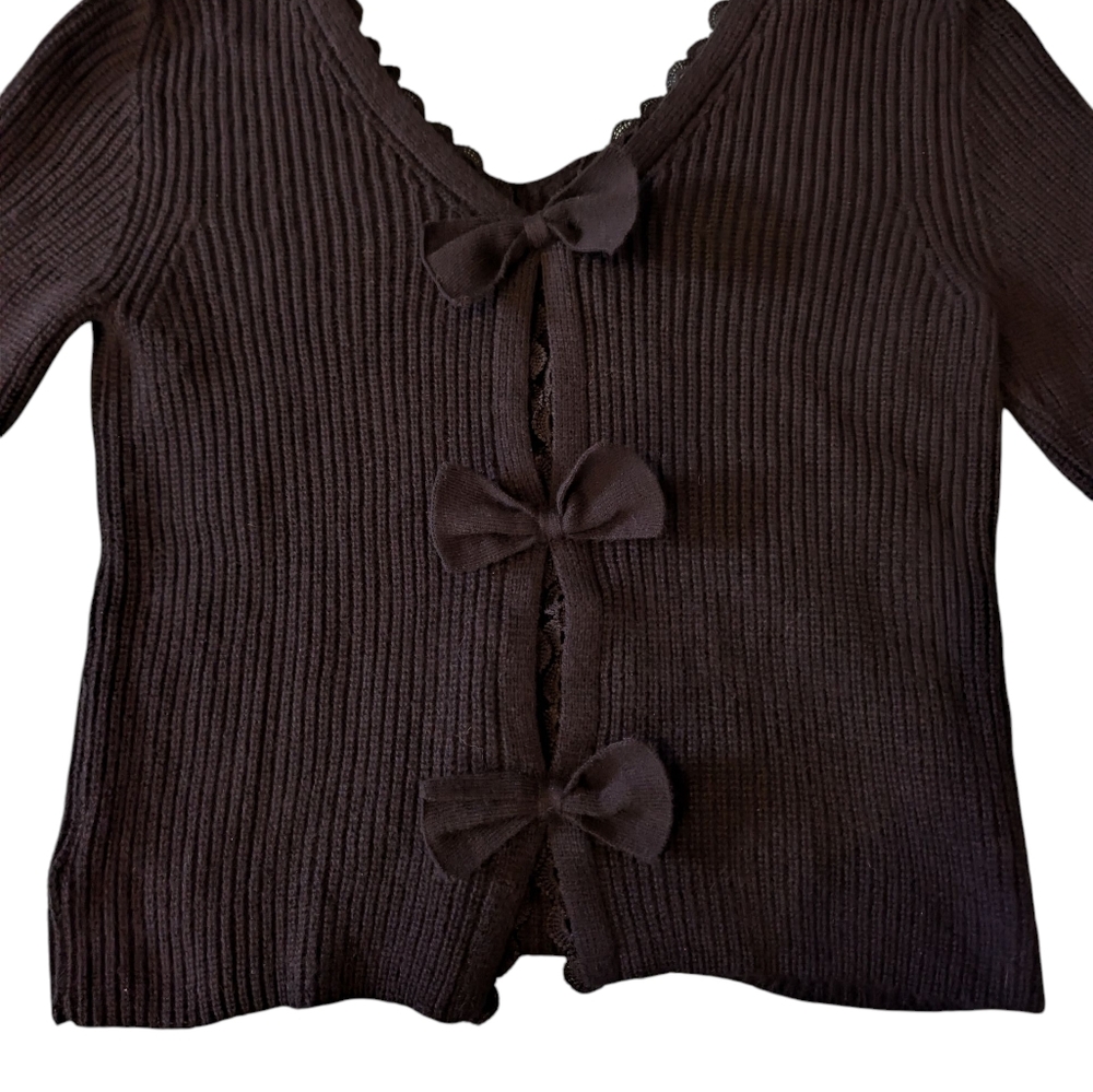 SHEIN Black Ribbed Knit Bow Top Coquette Aesthetic Large Scalloped Trim Ballet